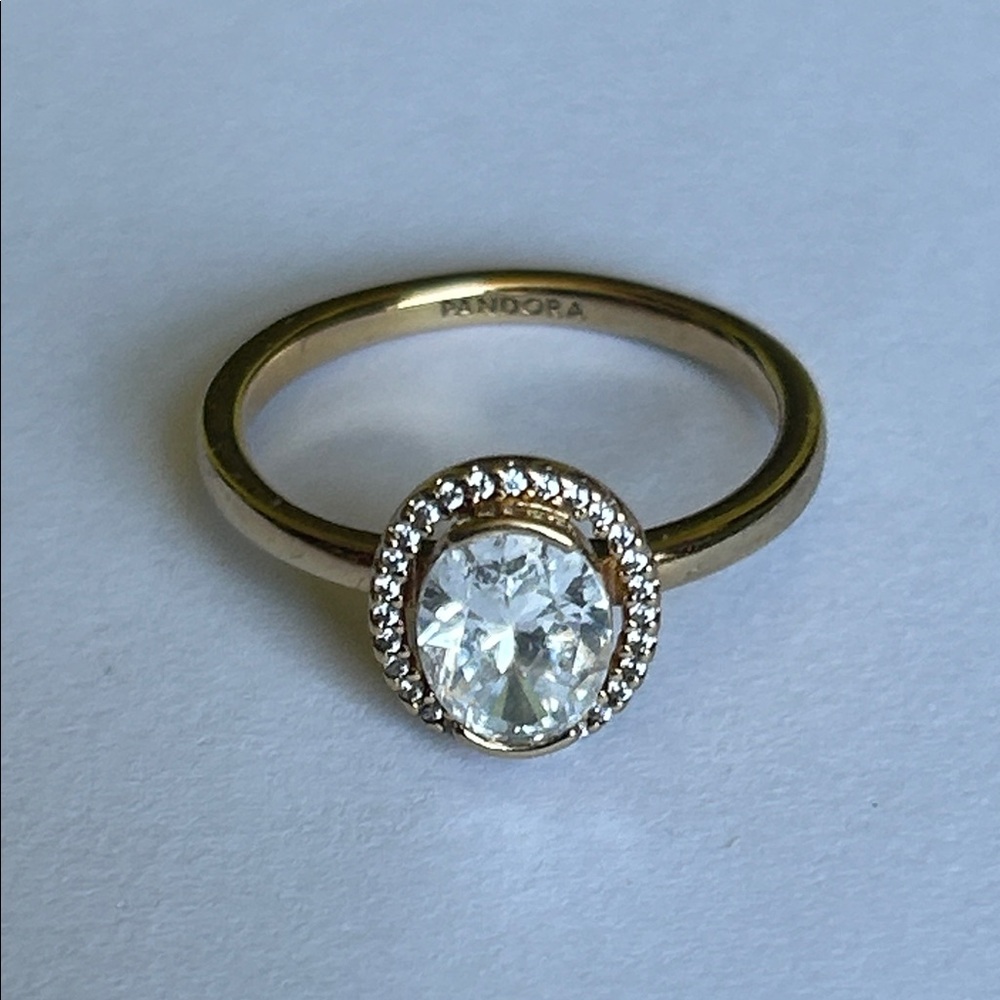 Pandora Gold Ring with Clear Center Stone and Halo